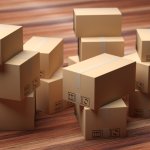 Cardboard packages stack on wood floor. 3d illustration